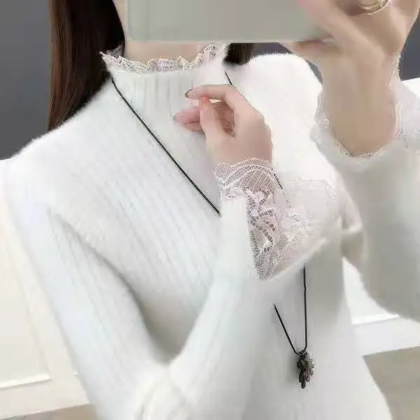 

Sweater Women 2021 Winter Mink Cashmere Pullovers Casual Lace O Neck Warm Jumper Autumn Mohair Sweaters Pull Femme Shirts