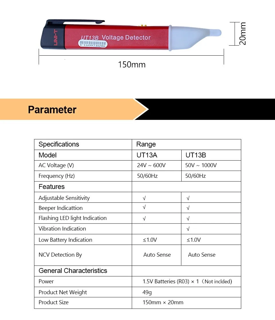 UNI-T UT13A/B ручной детекторы напряжения переменного тока 24V~ 1000 V 50/60Hz вольт тестер ручка регулируемая чувствительность(Высокочувствительный