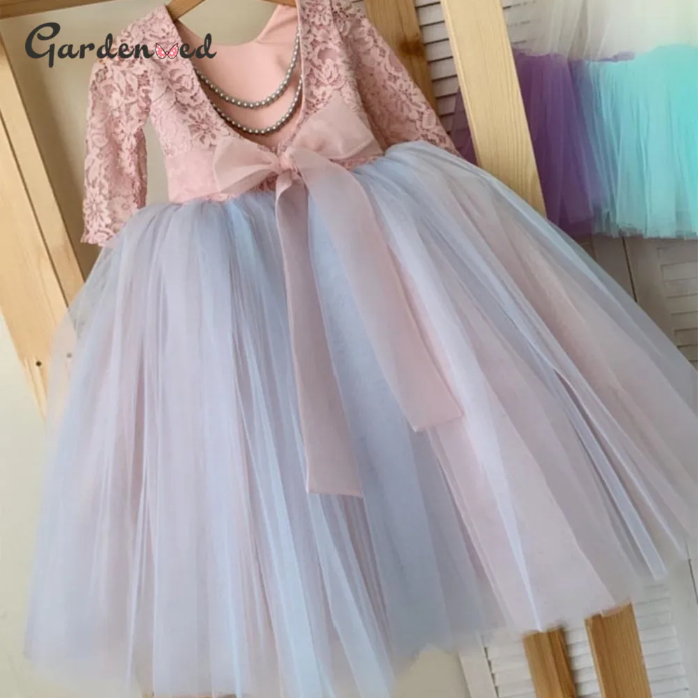 

Розовое кружевное платье с цветочным принтом, платья для девочек на свадьбу с длинным рукавом, аппликацией, жемчужным поясом, открытой спиной и бантом, ТРАПЕЦИЕВИДНОЕ ПЛАТЬЕ для причастия