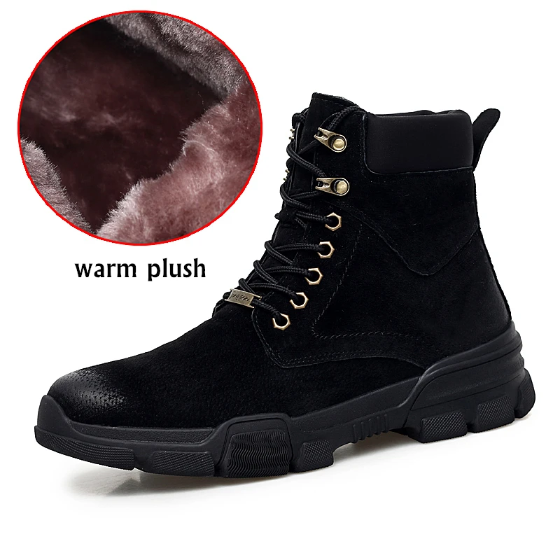black warm plush Модные мужские ботильоны; зимние ботинки; мужские рабочие ботинки martin в байкерском стиле; мужская обувь с высоким берцем; большой размер 46 - Цвет: black warm plush