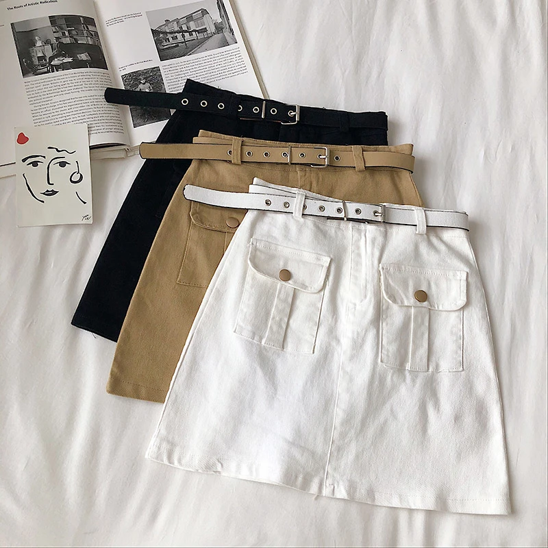 

Korean Chic Women Skirts A-Line High Waist Mini Ladies Solid Skirts 2020 Casual Double Pockets Above Knee Female Belt Skirts