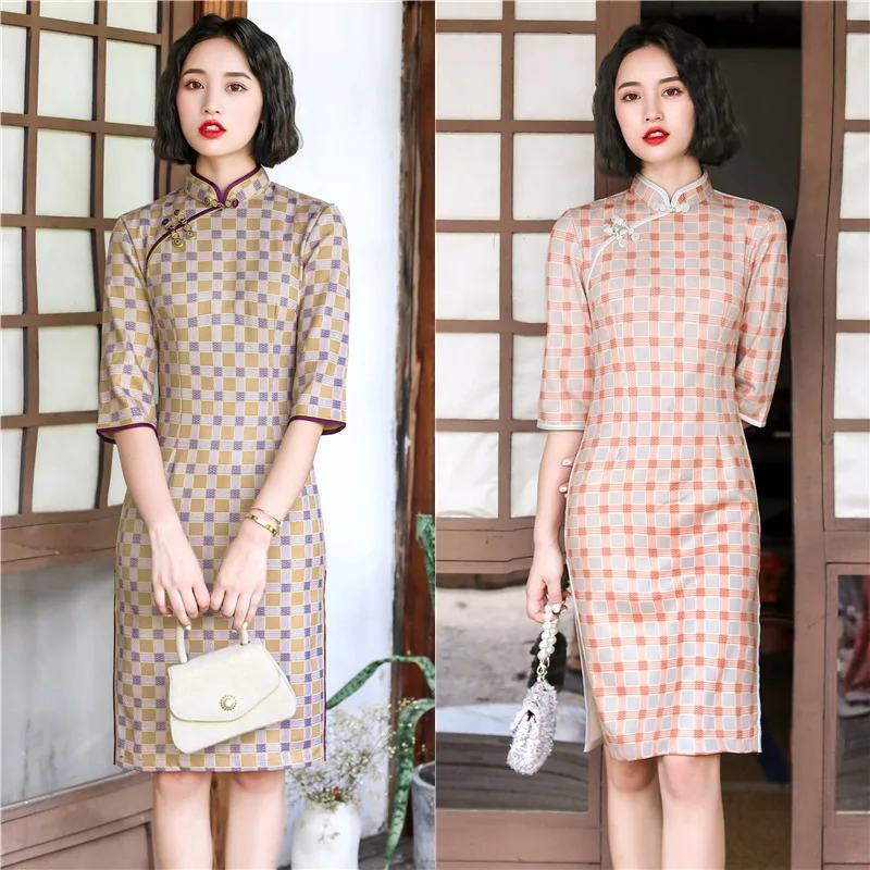 

New Suede Cheongsam Improved Retro Chinese Mid Long Plaid Cheongsam Dress Qipao Traditional Cheongsam B398