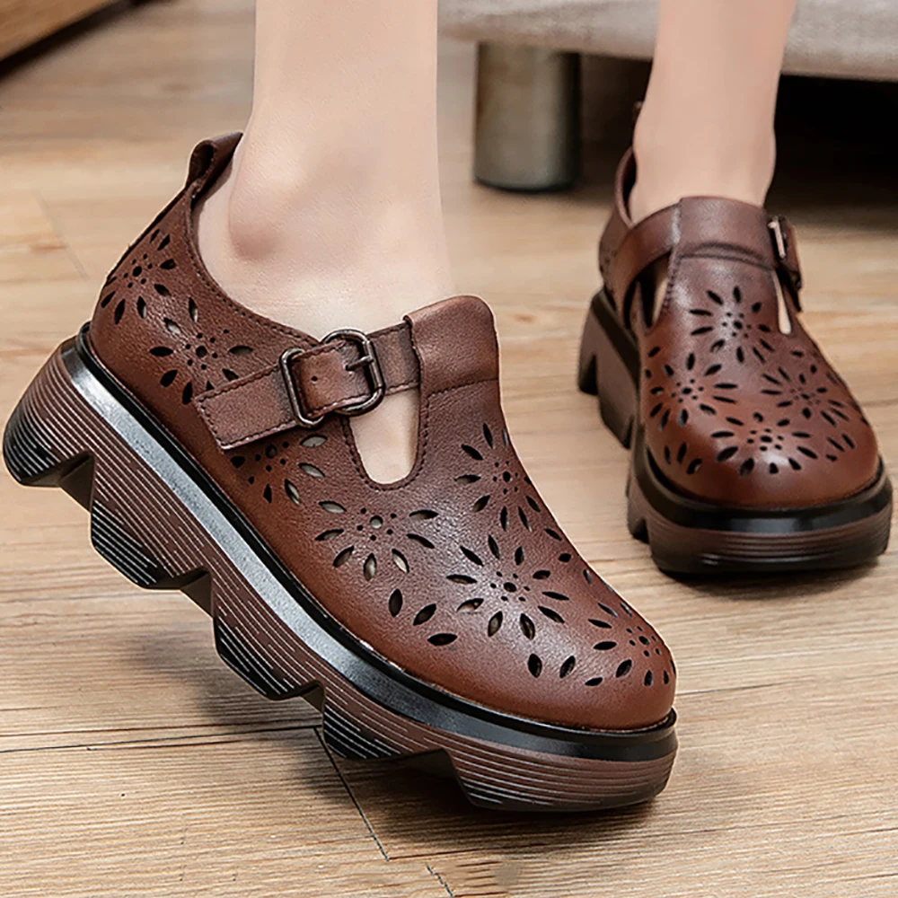 

Genuine Leather High Heel Pumps For Women 2021 Summer Buckle Strap Retro Sandal Female Handmade Concise Casual Platform Footwear