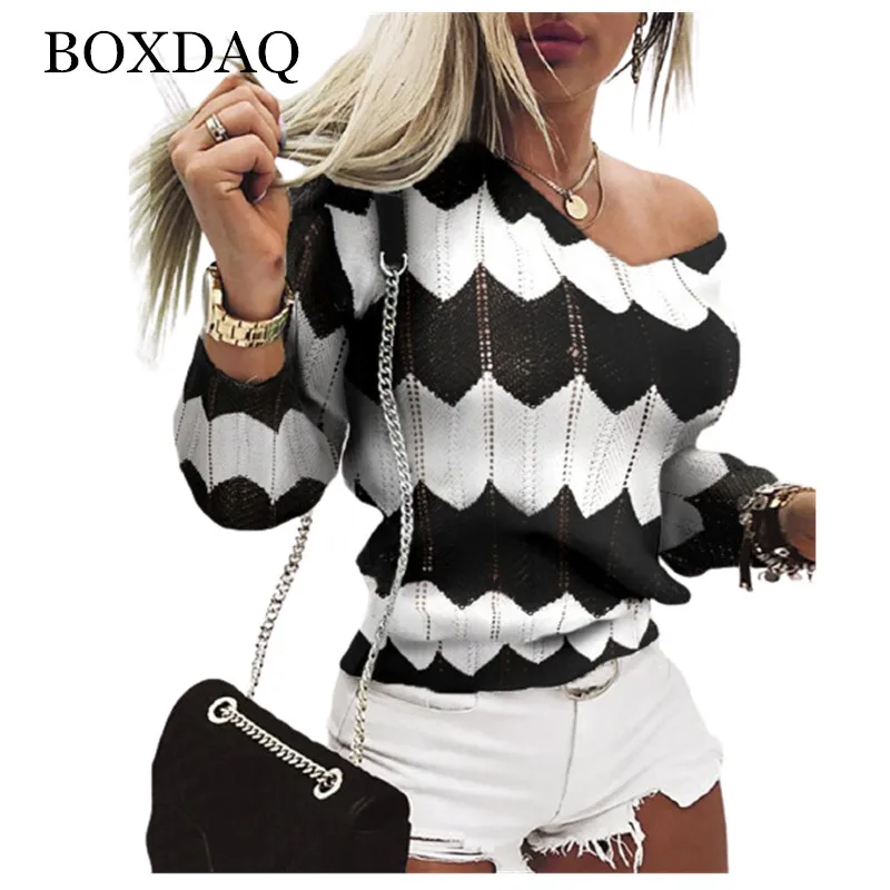 

Женский трикотажный Полосатый пуловер, повседневный свободный джемпер с длинным рукавом и V-образным вырезом, Осень-зима 2021