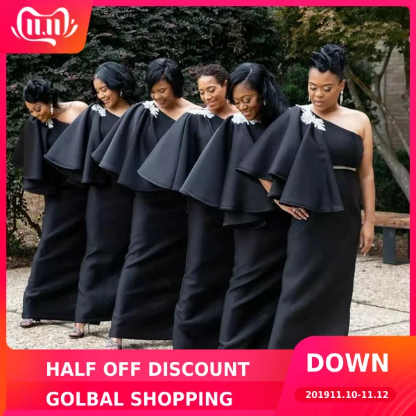 Черные африканские платья подружек невесты 2019 аппликация на одном плече Длинные