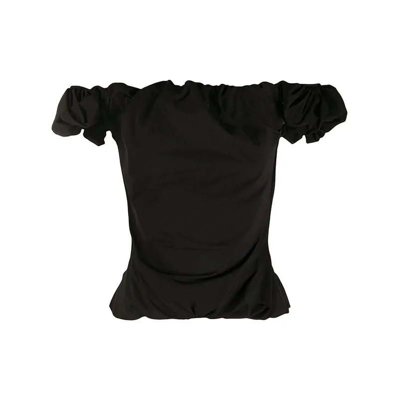 

Horizontal Neck Three-dimensional Pleated off-Shoulder Tops Slimming Belly Holding Waist Black Shirt