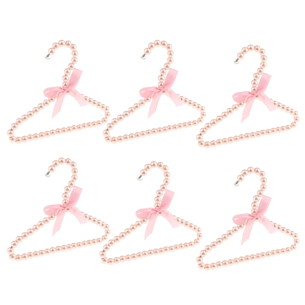 

6Pcs Plastic Pearl Beaded Clothes Hangers with Ribbon Bowknot Pink