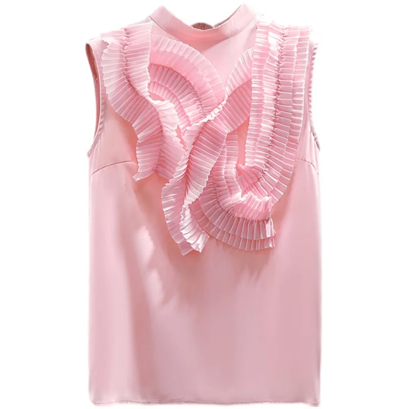 

Sleeveless Blouses Womens 2021 Summer Korean Style Fashion Temperament Pure Color Pleated Ruffled Casual Chiffon Shirt Tops