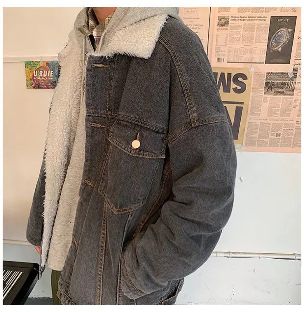 Winter Plus Velvet Thick Denim Jacket Men's Warm Parka Men Fashion Lamb Fur Coat Man Loose Cotton Denim Jacket Male Clothes