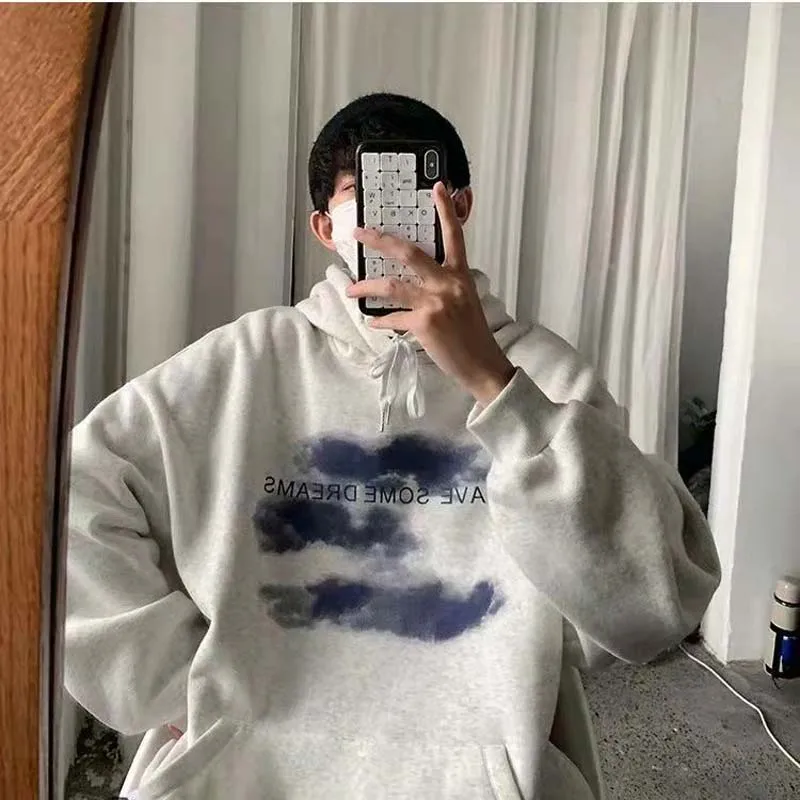 

Hong Kong Style Autumn And Winter Hooded Sweater Male Korean Version Loose Trend Boys All-match Jacket Plus Velvet Thick Printin