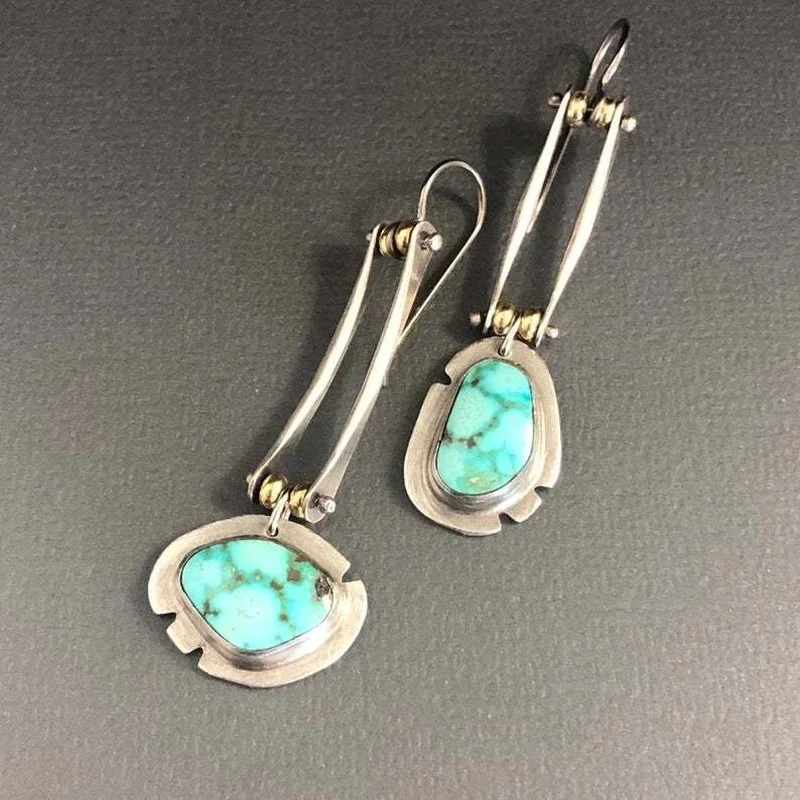

2021 new Turquoise two-color irregular retro earrings can move European and American fashion asymmetric women's earrings