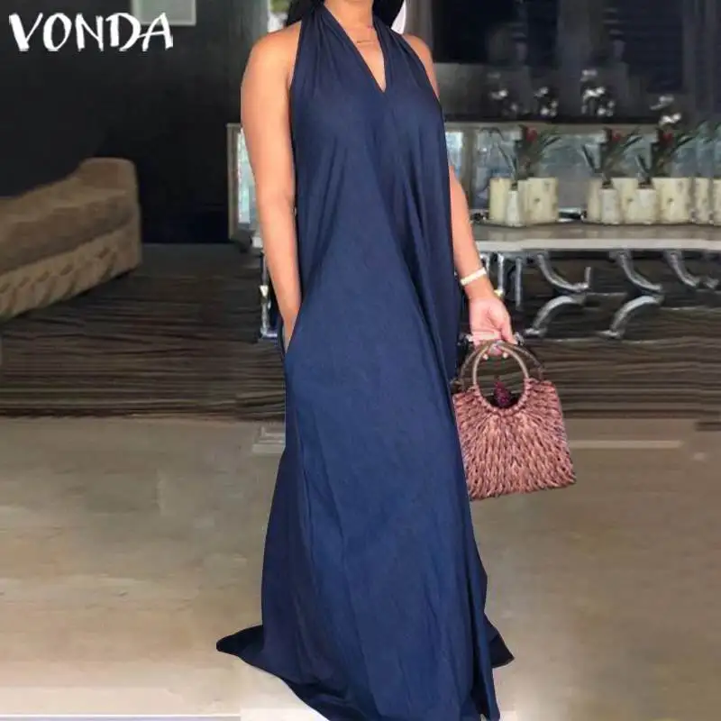 VONDA/женское джинсовое платье больших размеров, летнее сексуальное длинное платье макси с бретельками, длина до пола, Vestidos, повседневный свободный Сарафан