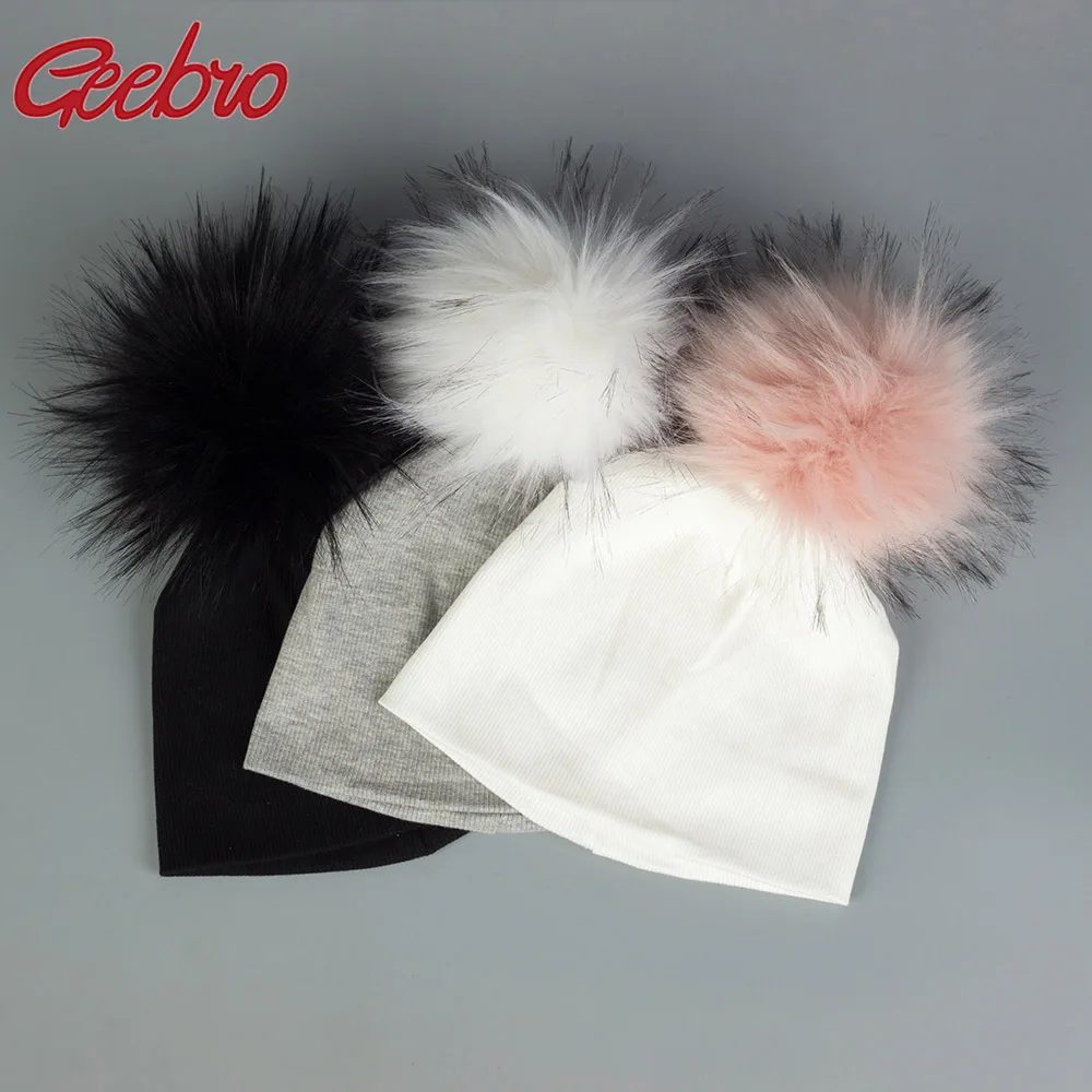 

Geebro Newborn Hat Faux Fur Baby Solid Cotton Cap Pompom Bobble Hat For Kids Winter Boys And Girls Caps Children's Hats