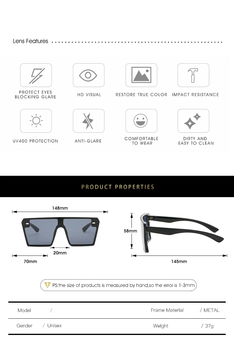Square Oversized Sunglasses Women Flat Top Gafas Shades For Women Sun glasses okulary New Luxury Sunglasses UV400