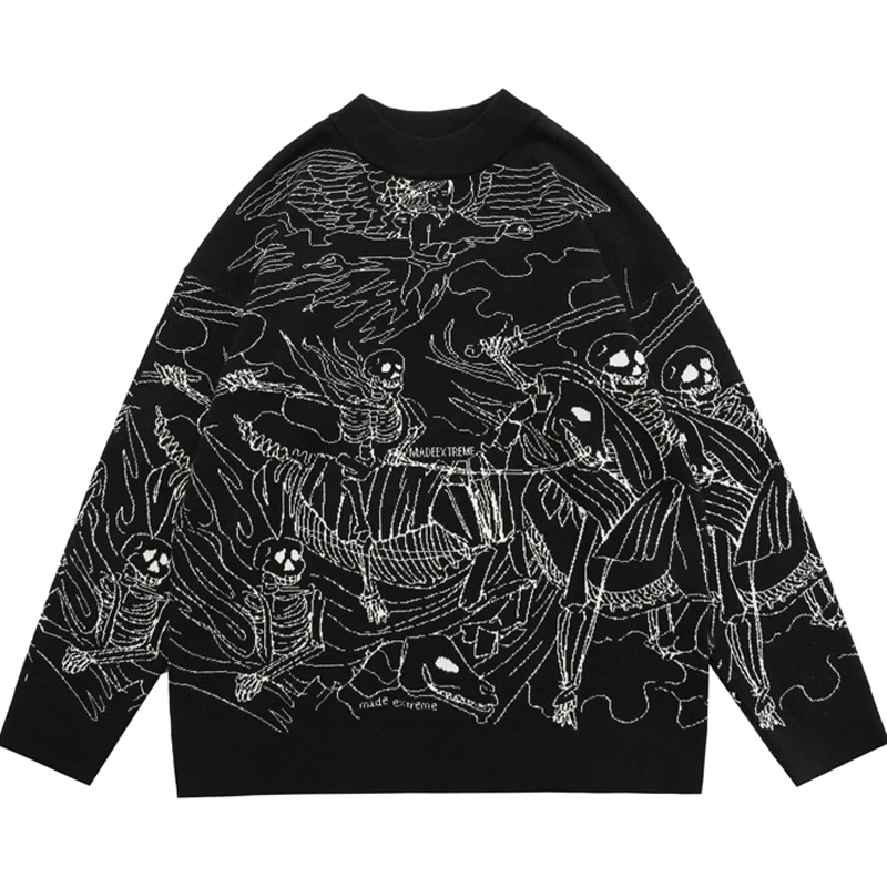 

Men Skeleton Jacquard Sweaters Couple Casual Preppy Hip Hop Loose Knitted Pullover Male Full Graffiti Gothic Fashion Streetwear
