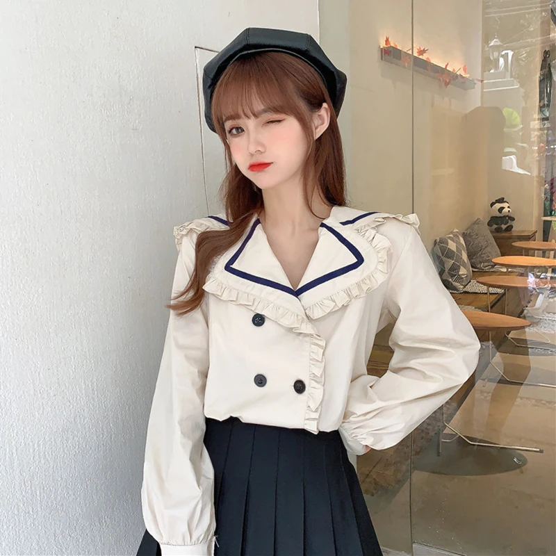 

Блузка женская с длинным рукавом, милый Повседневный Свободный Топ в японском стиле, темно-синий, весна-осень