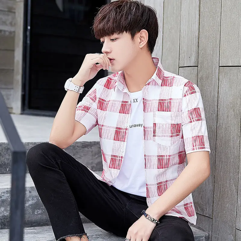 

Cotton Plaid Shirt Short Sleeve male student thin handsome versatile Korean slim youth summer new shirt