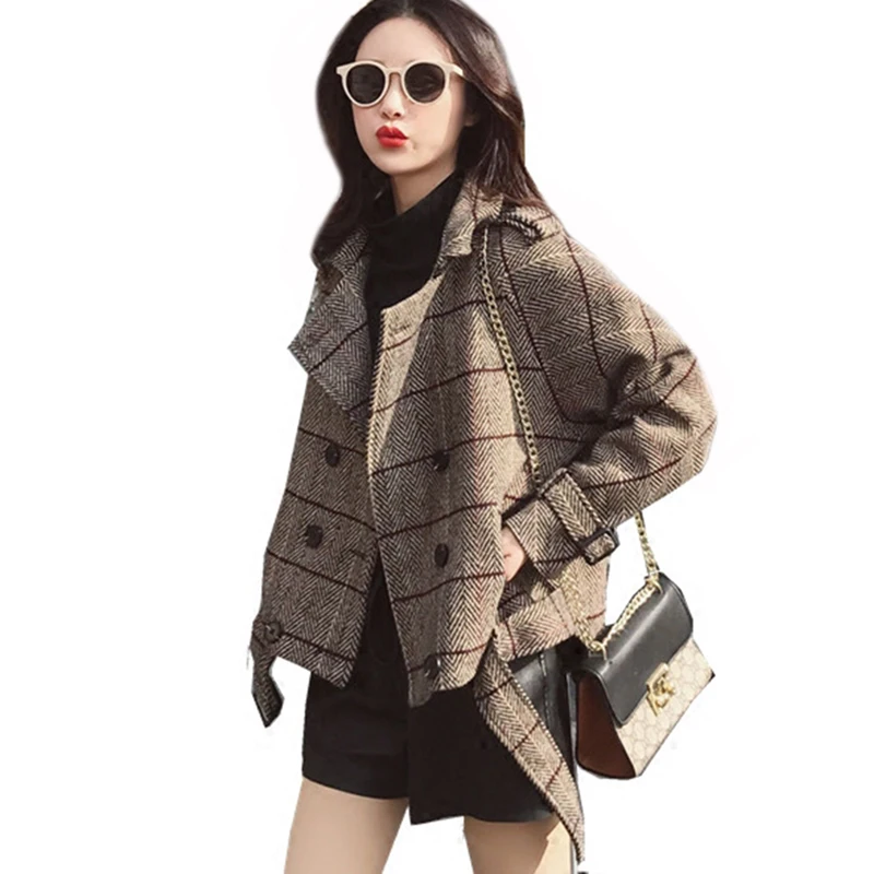 Шерстяное пальто Для женщин Смеси 2019 Женская куртка элегантный плед двубортный