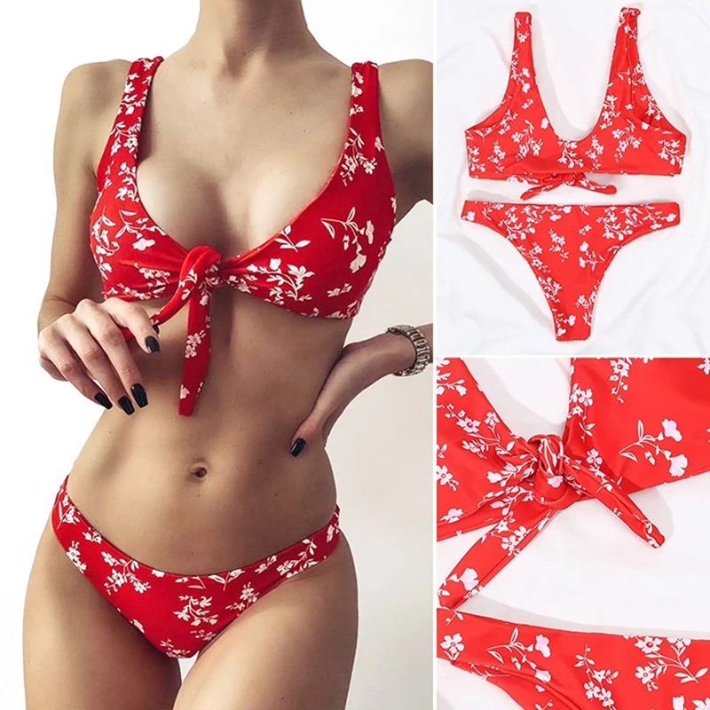 

Red Floral Print Low-Waisted Bikini Sets Swimsuit Women Sexy Bow-Knot 2 Pieces Swimwear Beach Bathing Suits
