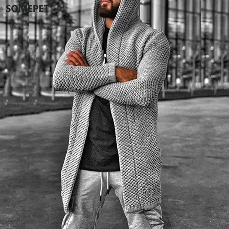 

Sweater Cardigan Men Mid Length Hooded Cardigans Spring Autumn Mens Clothes Lightweight Knit Jacket Plus Size Sweaters Knitwear