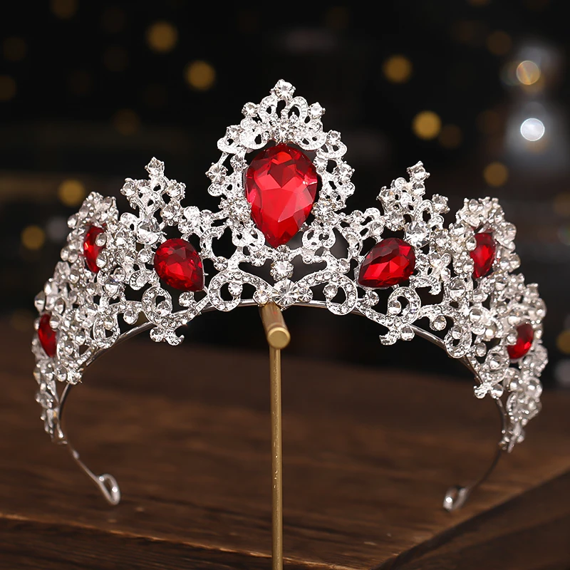 Tiaras Crowns Red Blue Green Crystal Rhinestone Wedding Hair Accessories Queen King Diadems Women Headpiece