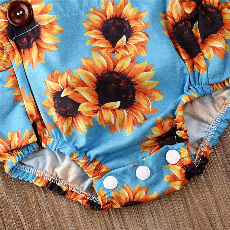 

0-24M Infant Baby Girl Bodysuits Headband Sunflower Print Ruffle Short Sleeve Jumpsuit 2PCS Outfits Baby Girls Summer Clothes
