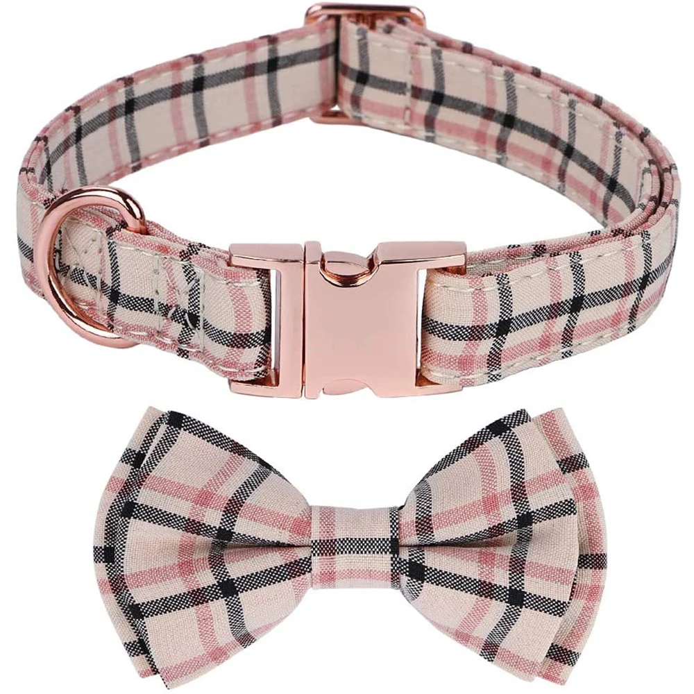 

Dog Collar with Bow and Metal Buckle Cotton & Webbing Classic Plaid Adjustable Collars for Small Medium Large Dogs