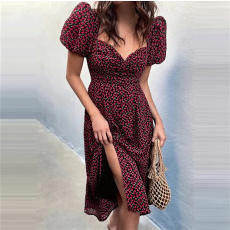 

Floral Printed Women Summer Midi Dress 2021 Puff Short Sleeve Sundress Vintage Partywear Split Sexy Holiday Dresses French Style