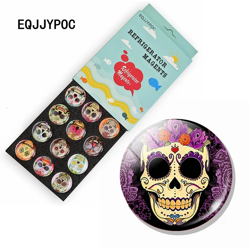 Candy Skull Stickers Fridge Magnet 30MM Glass Dome Magnetic Refrigerator Note Holder Home Decor Mexican Ghost Festival Souvenirs