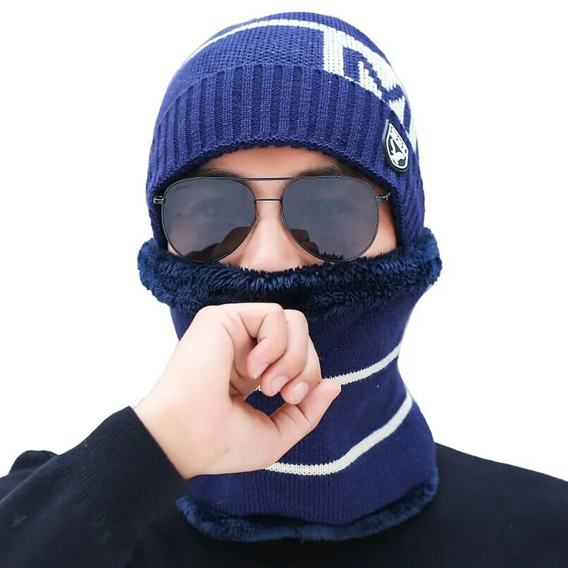 Для мужчин зимняя шапка и шарф вязаный комплект с надписями подкладом из шерсти