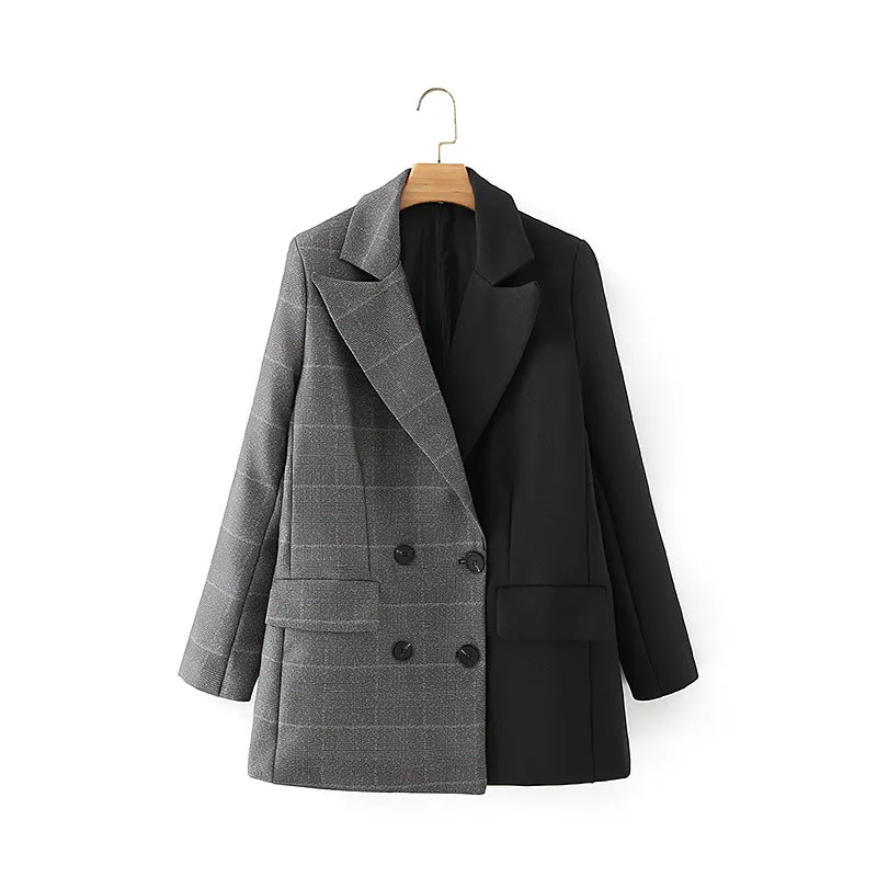 

New Office Lady Fashion Patchwork Black Gray Long Streetwear Blazers Women 2020 Casual Long Sleeve Double Breasted Blazer Chic