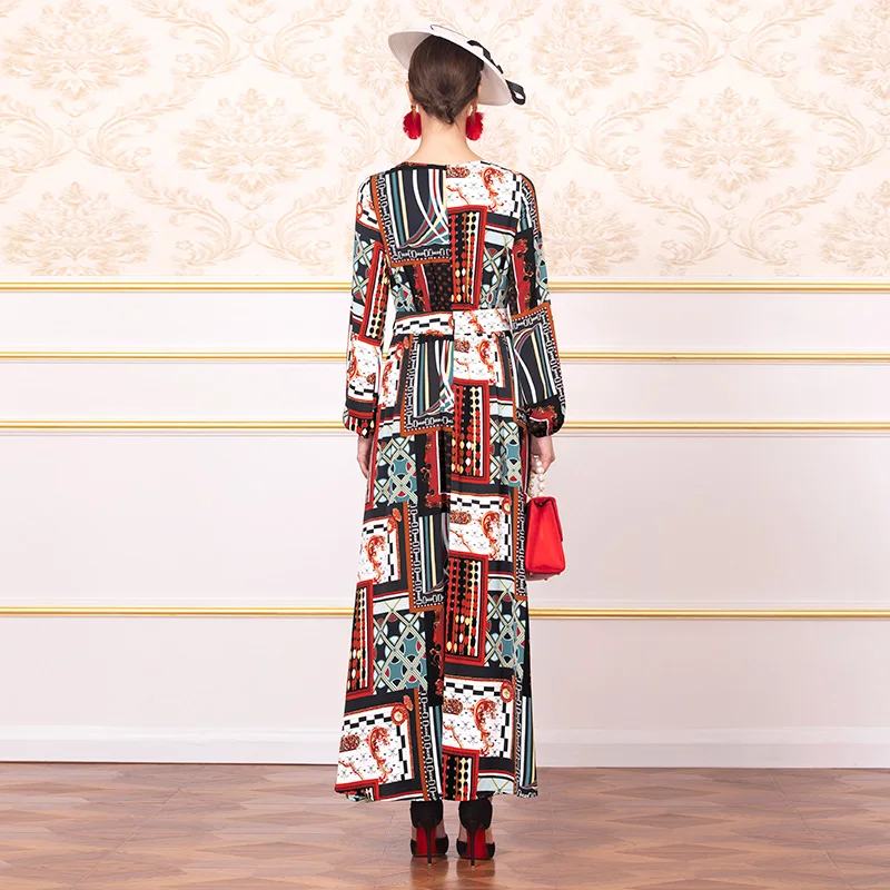 

Chiffon Ethnic Style Long Dress O Neck Slim Waist Ankle-Length Evening Party Women Runway Dress Vintage DZ2254