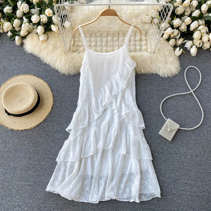 

Платье для отдыха у моря, новинка 2021, летнее платье, женское милое приталенное шифоновое платье средней длины на бретелях с оборками