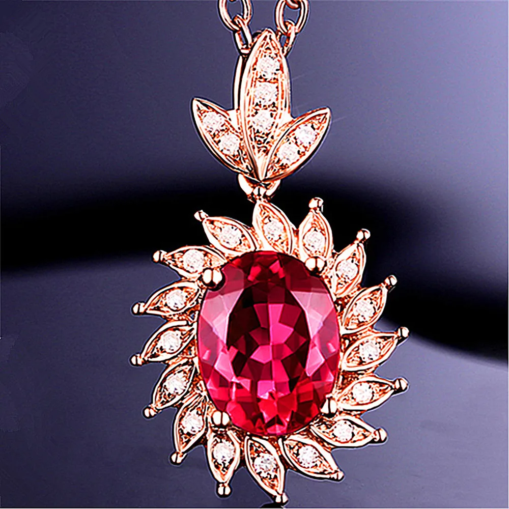 

FASHION SUNFLOWER RED CRYSTAL RUBY GEMSTONES DIAMONDS PENDANT NECKLACES FOR WOMEN 18K ROSE GOLD COLOR CHOKER JEWELRY LOVER GIFTS