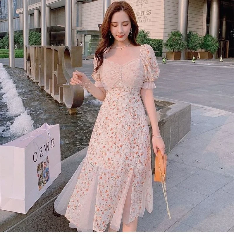 

Lace Floral Dress Office Lady Short Sleeve Elegant Vintage Midi Dress Women Casual Beach Party One Piece Dress Korea 2021 Summer