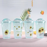 howtelee plastic cup double summer gel straw cup with straw push cover avocado icecup student icecup