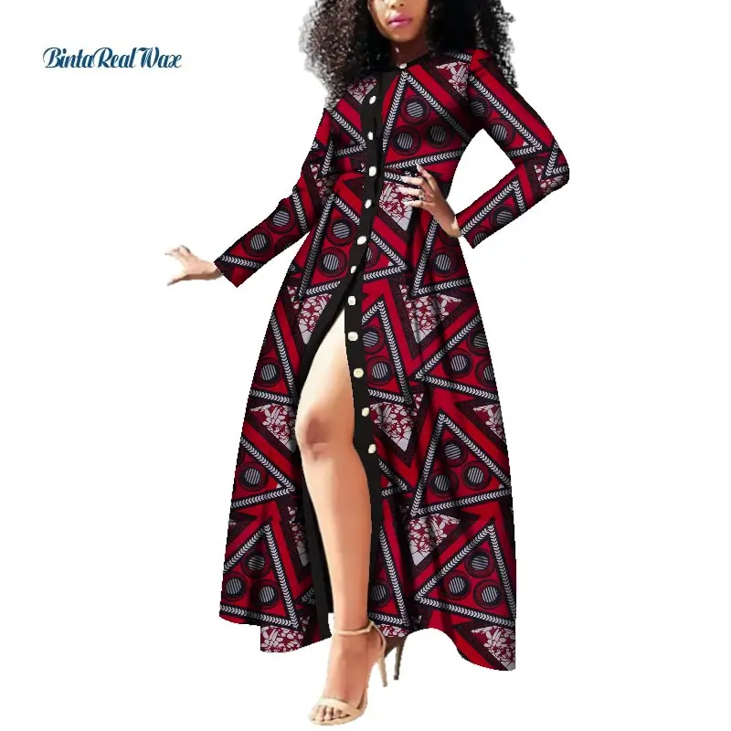 Африканские платья для женщин с вощеным принтом длинные на пуговицах Vestido Bazin Riche