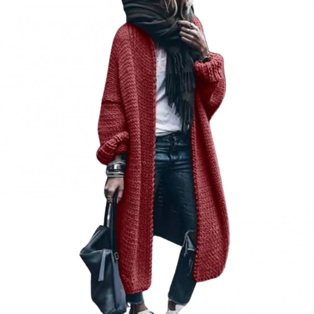 

Женский трикотажный кардиган средней длины, однотонный свободный длинный жакет с длинным рукавом и открытым спереди, для зимы