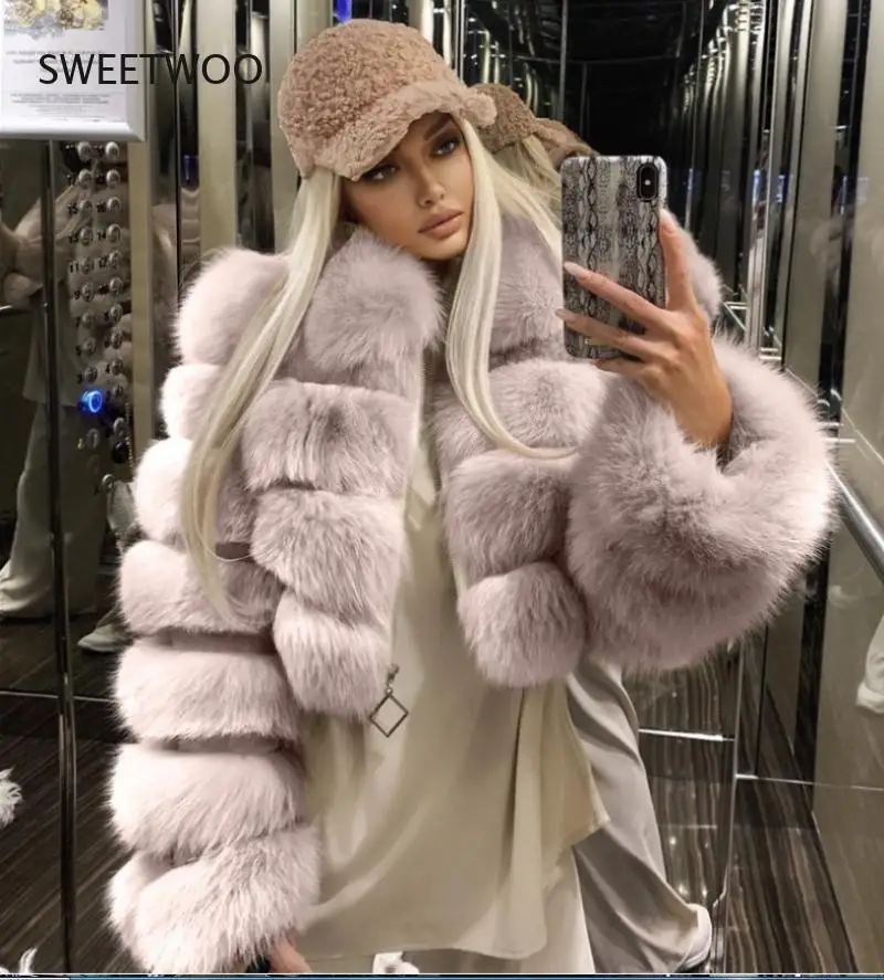 

Faux Fox Fur 2021 Winter Coat Women Fashion High Quality Thick Faux Fur Coat Women Vintage Long Sleeve Short Jackets Furry Coat