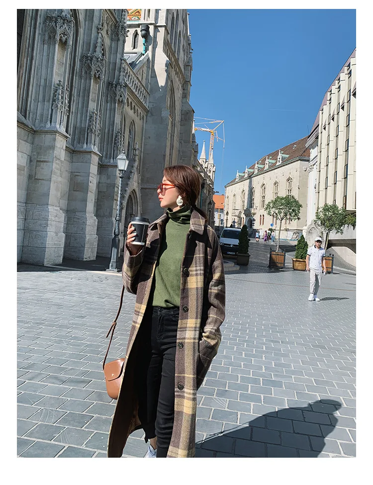 Шерстяное клетчатое пальто для фотосессии, женское, средней длины, зима, стиль, корейский стиль, модное, элегантное, свободное, Дафлкот, модное пальто