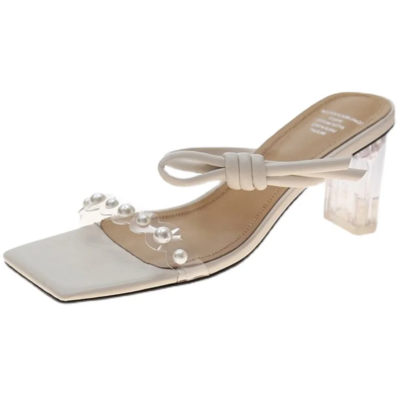 

Square heel Slippers Women Summer Transparent Heel Female Shoes Slides Heeled Mules Jelly Flip Flops String Bead Fashion Block 2