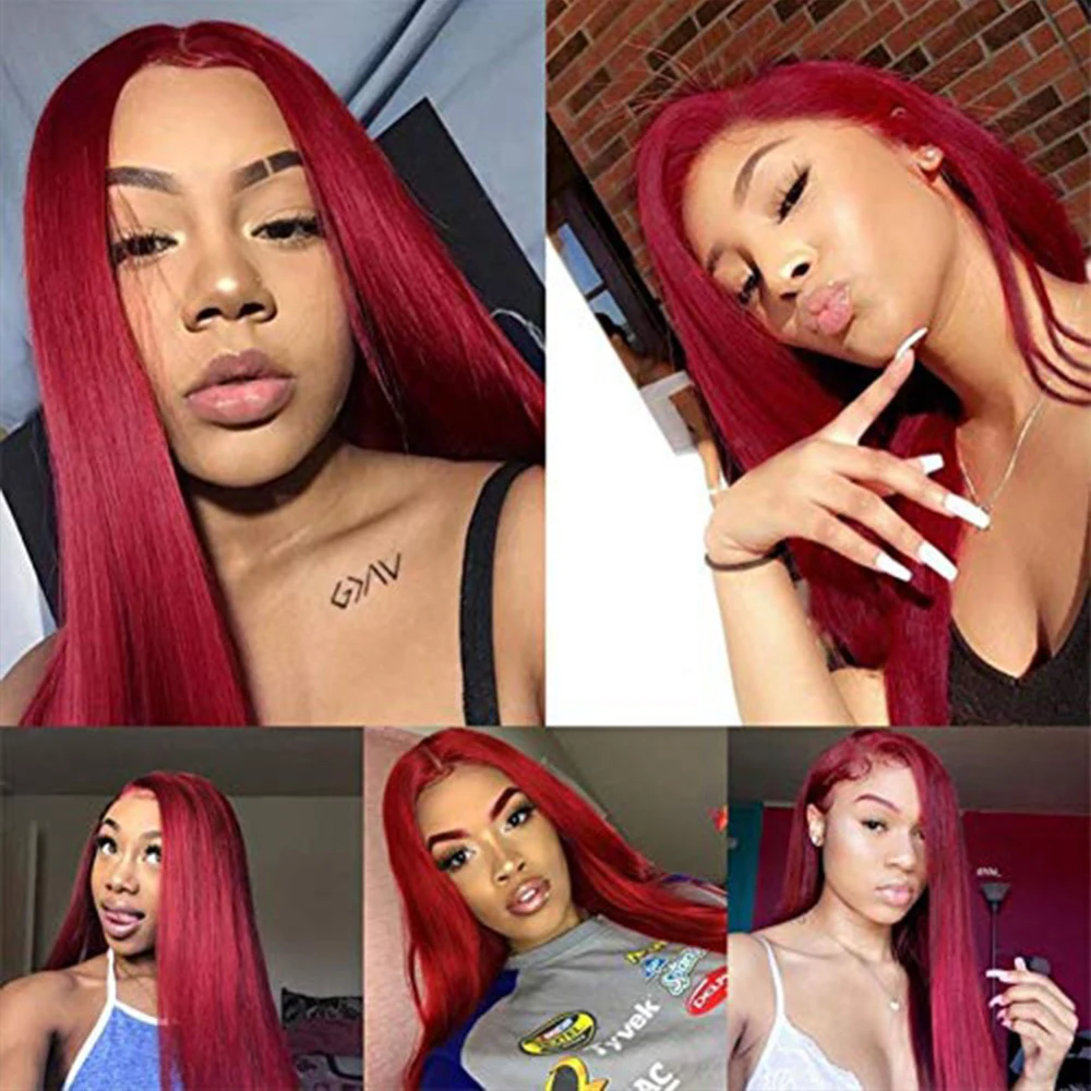 

Reddish Red 99j Burgundy Straight Lace Part Human Hair Wigs Brazilian T Part 28 Inch Pre plucked Remy 150% Lace Wig