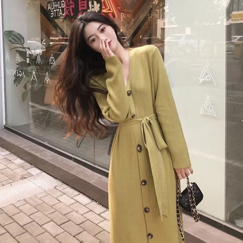 

Plus Size Women Autumn Winter Korean Loose Thicken Warm Lady Mid-Length Knitted Female Maxi single-breasted Dresses L554
