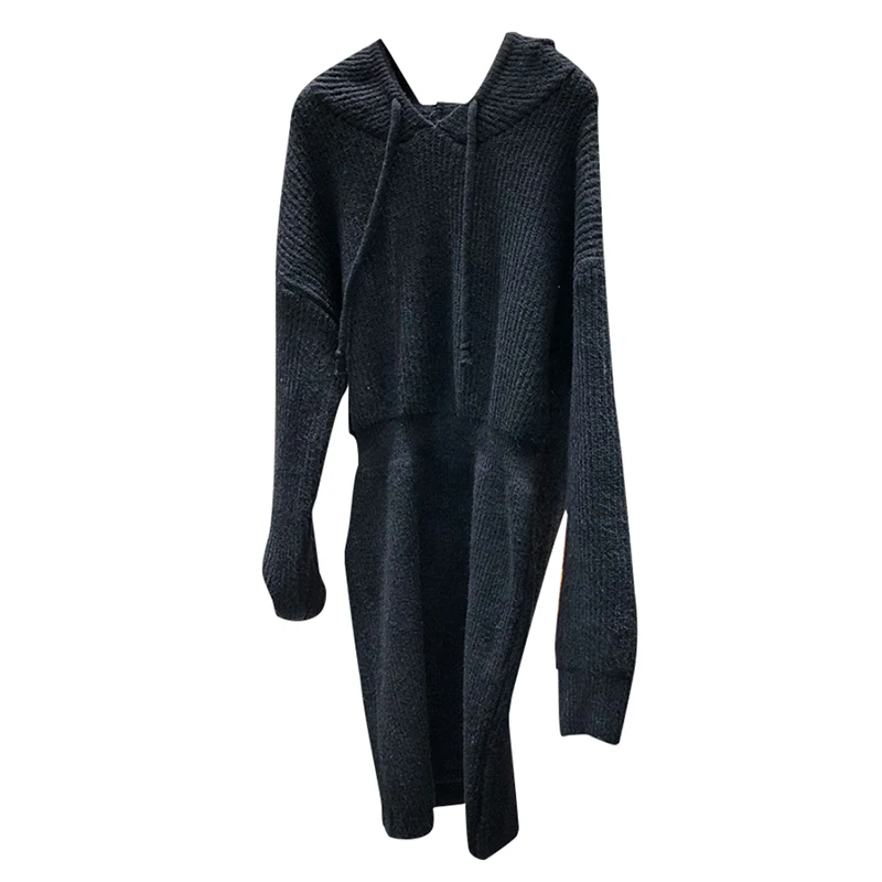 

Solid Knitted Hooded Women Dresses Autumn New Long-Sleeved Slim Elastic Lady Elegant Pulls Outwear