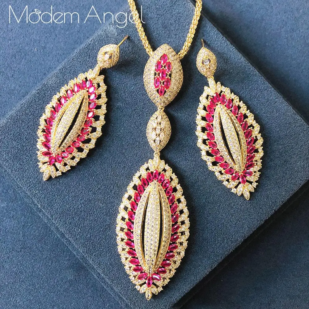 

ModemAngel Luxury Equine Type 2PCS NECKLACE EARRING Sets For Women Accessories Full Cubic Zirconia High End Jewelry Set