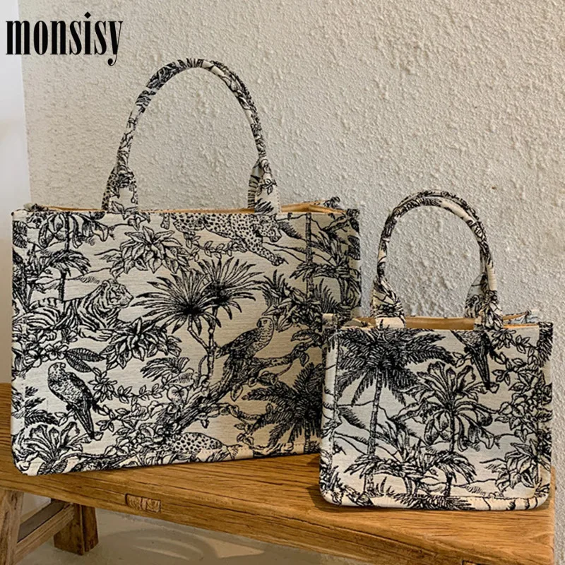 

Monsisy Canvas Bag For Women 2021 Embroidery Tote Fashion Large Capacity Portable Shopping Bag Ladies Shoulder Crossbody Handbag
