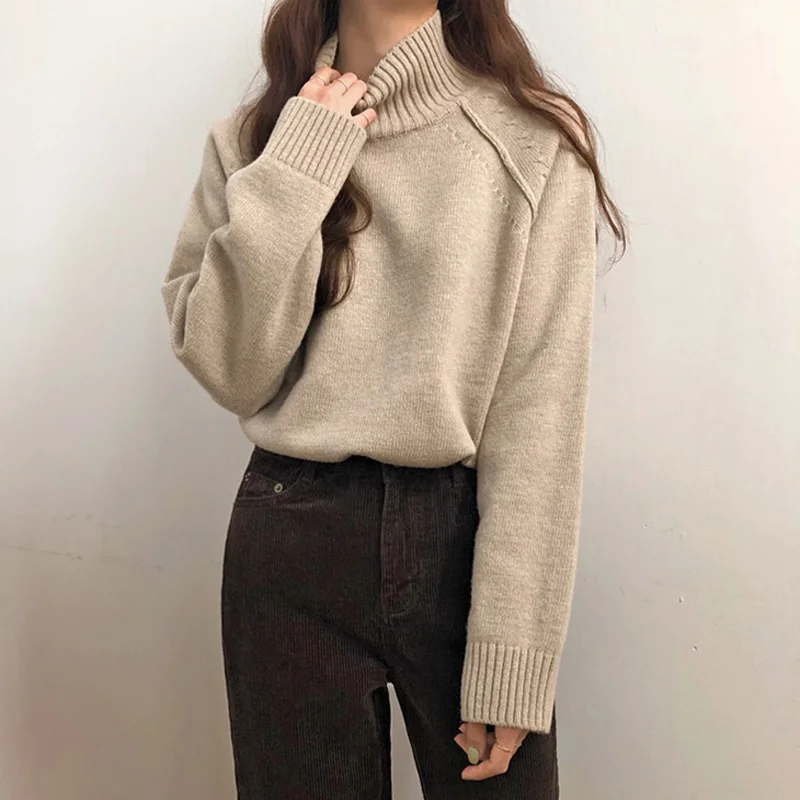 Mozuleva винтажные женские свитера с высоким воротом однотонные теплые вязаные