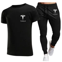 mens two piece sports t shirt and pants brand casual tesla letter print sports suit fashion pure cotton sportswear summer sets