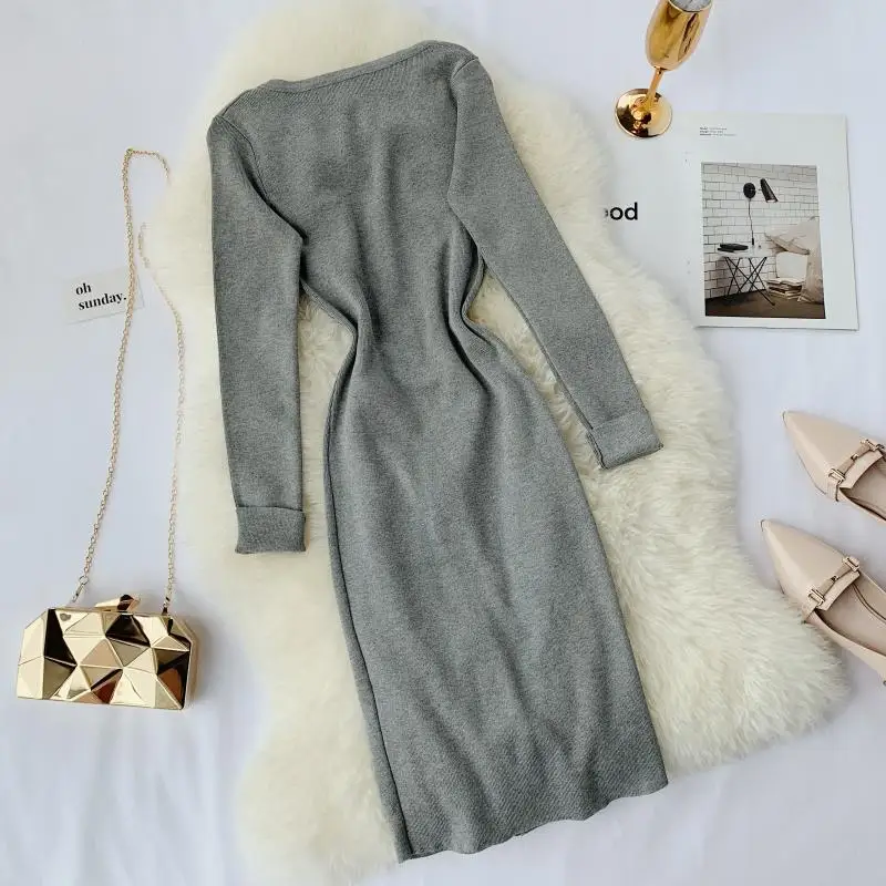 YornMona Women Designer Casual Dress Letter Zipper O-neck Knitted Bodycon Dress Winter Elegant Ladies Office Dress Vestidos