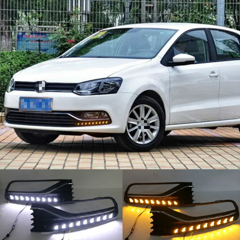 2Pcs for VW Volkswagen Polo 2014 2015 2016 2017 Daytime Running Light flow Yellow Turn signal LED DRL Fog lamp